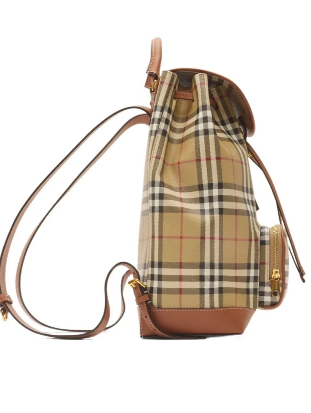 Burberry Check Drawstring Coated Cotton Medium Backpack Vintage Briar Brown NWT